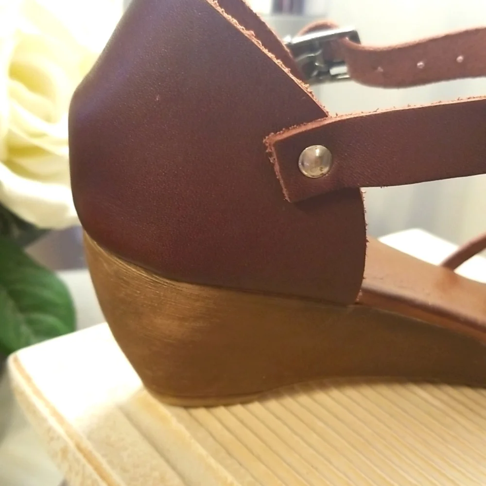 FRENCH BLU Leather Brown & Black Wedge Sandals Made In Turkey